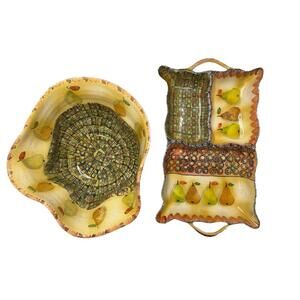 Set of 2 Hand-Painted Italian Vintage Ceramic Dishes Neiman Marcus Majolica Pear